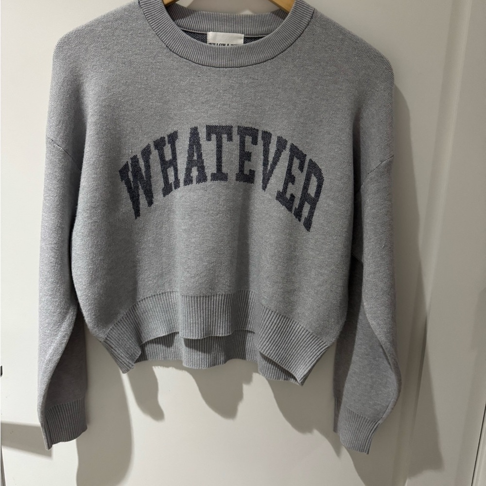 Grey Crew Neck Sweater with 'Whatever' Print (NWT, sz.S)